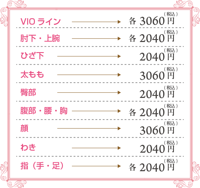 VIOライン-各3000円,肘下・上腕-各2000円,膝下-2000円,太もも-3000円,臀部-2000円,腹・腰・胸-各2000円,顔-3000円,指(手・足)-各2000円