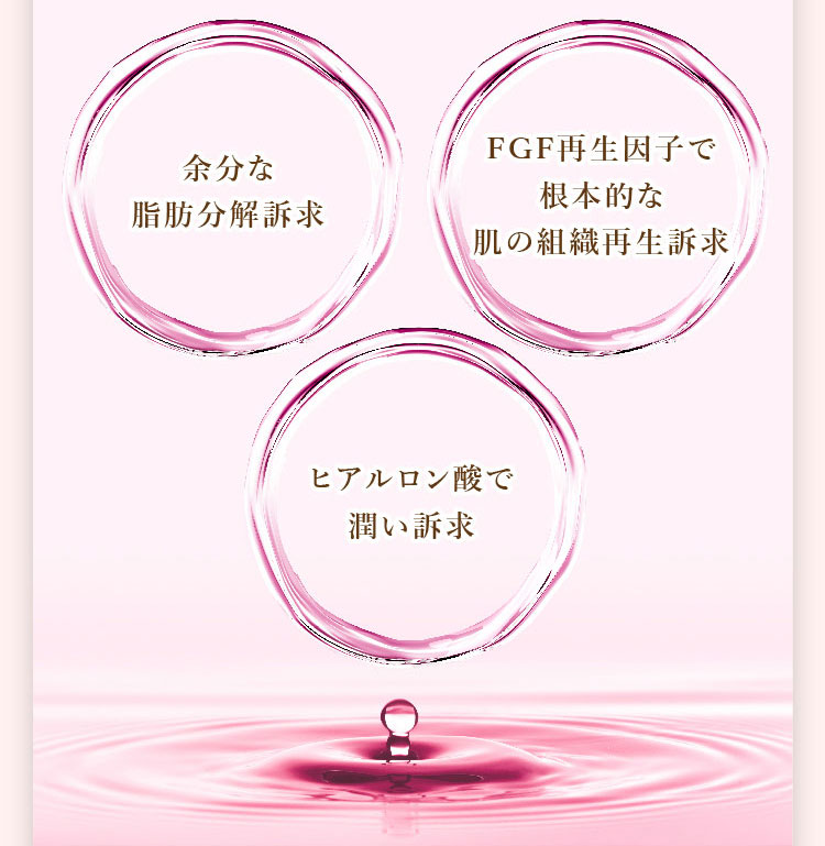 余分な脂肪分解訴求・FGF再生因子で根本的な肌組織再生訴求・ヒアルロン酸で潤い訴求